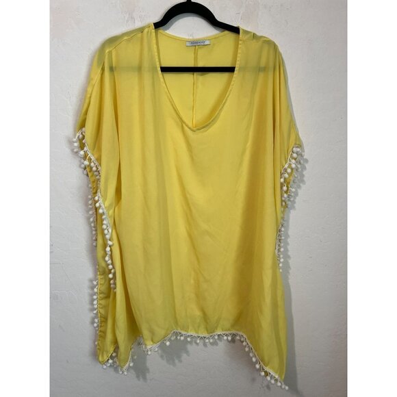 Adreamly OS Bathing Suit Cover Up Yellow with White Pom Pom Fringe One Size - Picture 1 of 5